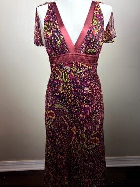 To the Max Plum and Pink Floral Midi Fairy Whimsy Silk Retro Y2K Dress